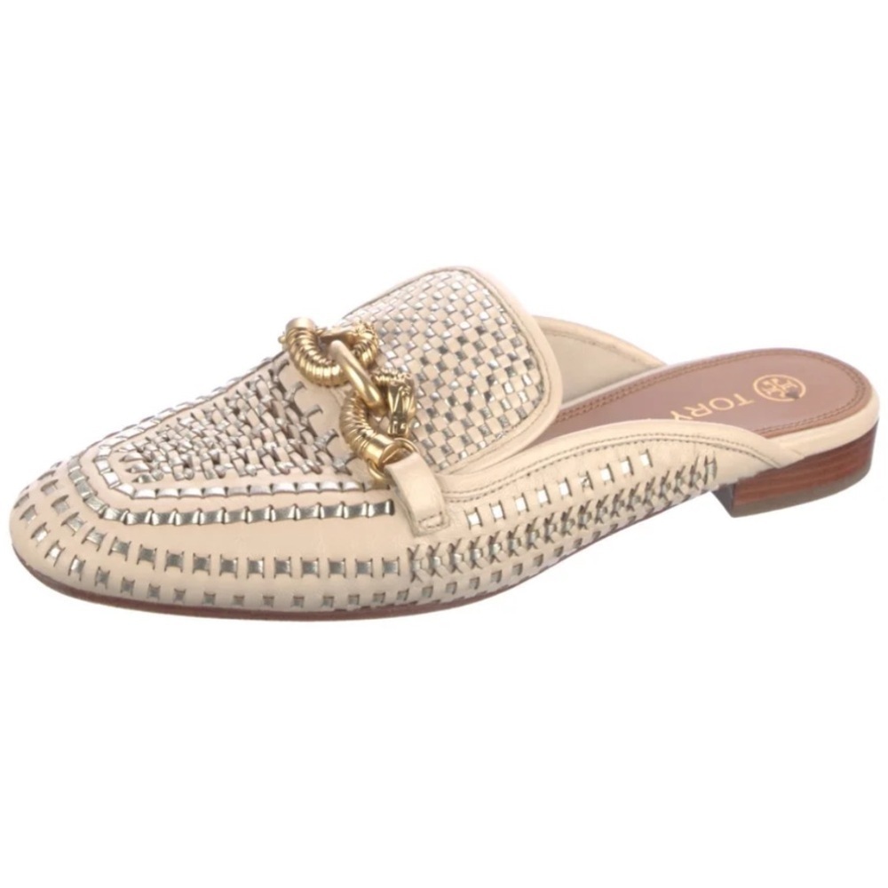 Tory Burch Jessa loafers backless mules clogs woven leather horsebit loafers